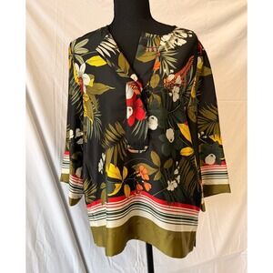 Zara Basic Womens Medium Floral Tropical Tunic Blouse Black 3/4 Sleeve V-Neck